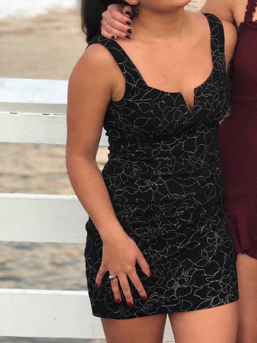 Black Floral-Outline V-Neck Mini Dress